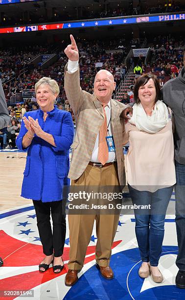 Retired referee Joey Crawford accepts an award prior to the Philadelphia 76ers against Milwaukee Bucks the at Wells Fargo Center on April 10, 2016 in...