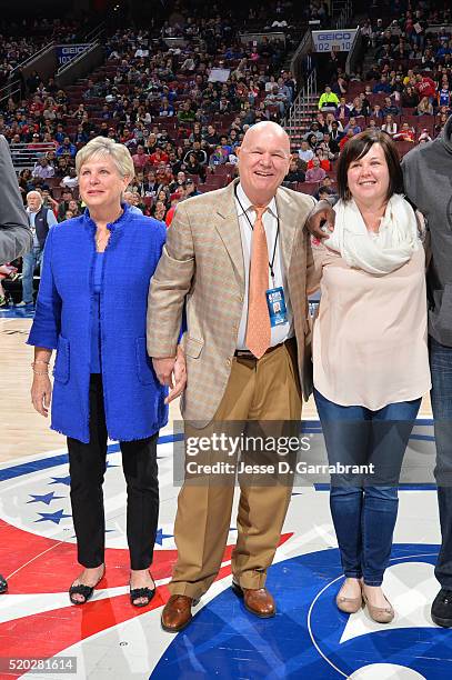 Retired referee Joey Crawford accepts an award prior to the Philadelphia 76ers against Milwaukee Bucks the at Wells Fargo Center on April 10, 2016 in...