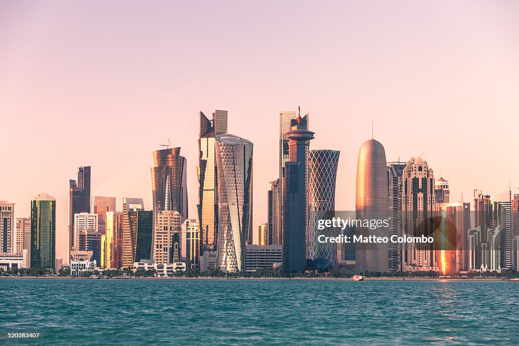 Doha financial center skyline at sunset, Qatar