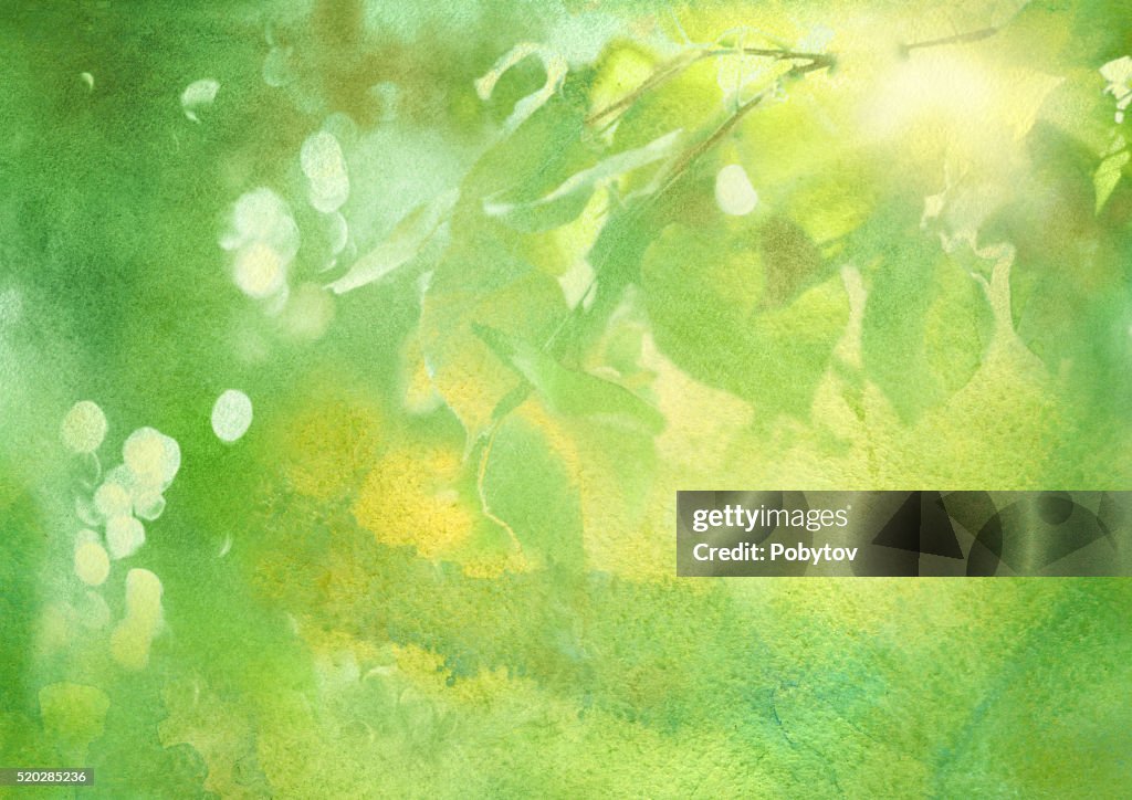 Fresh foliage, spring watercolor background