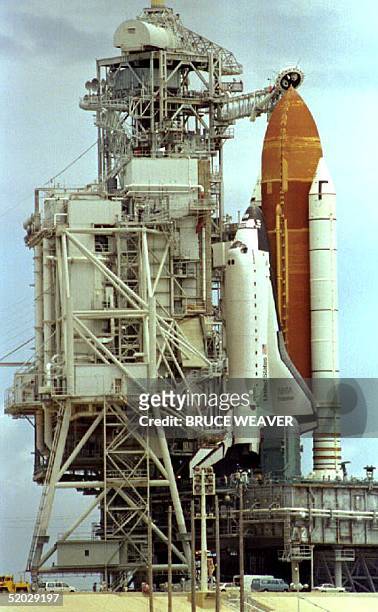 The rotating service structure on launch pad 39-B rolls back to reveal the Shuttle Endeavour 19 June, 1993 in Kennedy Space Center, FL as NASA...