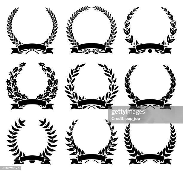laurel wreaths and ribbons set - illustration - bay tree stock illustrations
