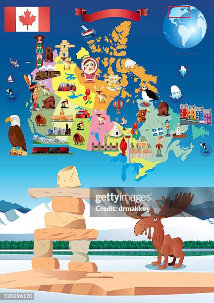 cartoon map of canada - inukshuk stock illustrations