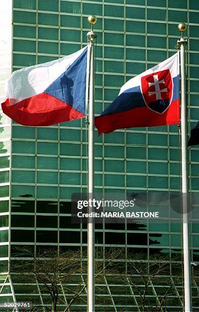 The flags of the Czech Republic and the Slovak Republic fly outside the United Nations, New York, NY after the two new republics were admitted to the...