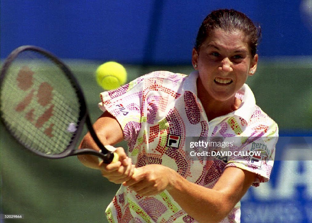 Monica Seles of Yugoslavia hits a two-handed foreh
