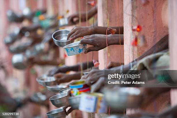 indians with begging bowls at bodh gaya temple - mahabodhi temple stock pictures, royalty-free photos & images