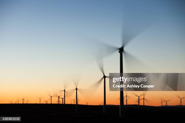 dawn over whitlee wind farm on eaglesham moor just south of glasgow in scotland, uk, is europes largest onshore wind farm with 140 turbines and an installed capacity of 322 mw, enough energy to power 180,000 homes. - sustainable investment stock pictures, royalty-free photos & images