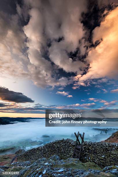 windermere lake with dawn mist and moody sky. lake district national park. uk. - loughrigg fell stock pictures, royalty-free photos & images