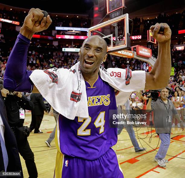 Kobe Bryant of the Los Angeles Lakers reacts to the crowd as he leaves the court at Toyota Center on April 10, 2016 in Houston, Texas.