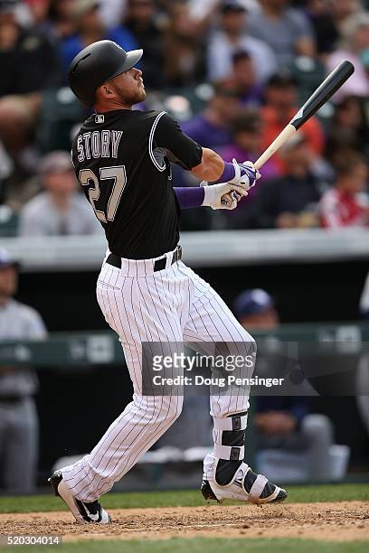 Trevor Story of the Colorado Rockies hits a solo home run off of Brandon Maurer of the San Diego Padres to take a 5-3 lead in the eighth inning on...