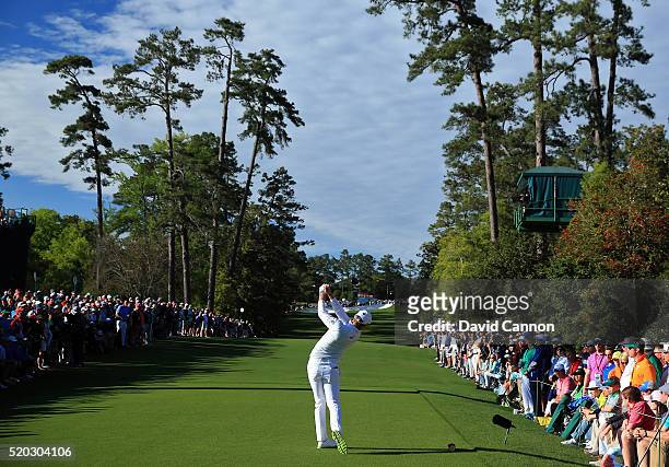 Danny Willett of England plays his shot from the 18th tee during the final round of the 2016 Masters Tournament at Augusta National Golf Club on...