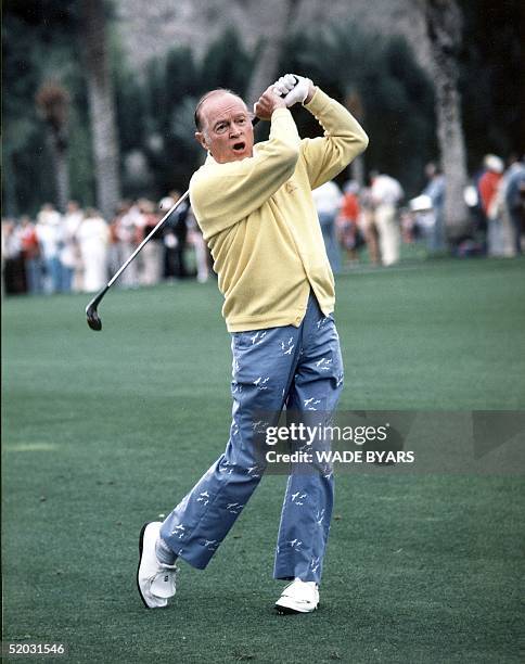 This photo taken in January 1983 shows entertainer Bob Hope at his Bob Hope Desert Golf Classic in Palm Springs, CA, one of the richest PGA tour...