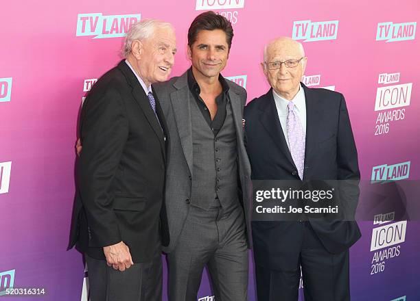 Actor Garry Marshall, actor John Stamos, and television writer Norman Lear attend 2016 TV Land Icon Awards at The Barker Hanger on April 10, 2016 in...