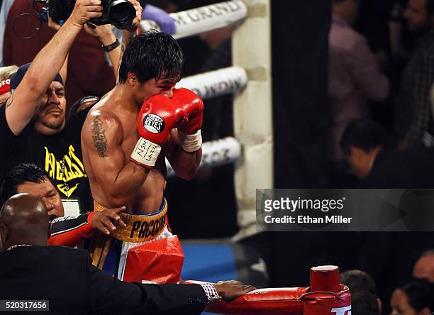Manny Pacquiao celebrates at the end of the 12th round of his welterweight fight against Timothy Bradley Jr. On April 9, 2016 at MGM Grand Garden...