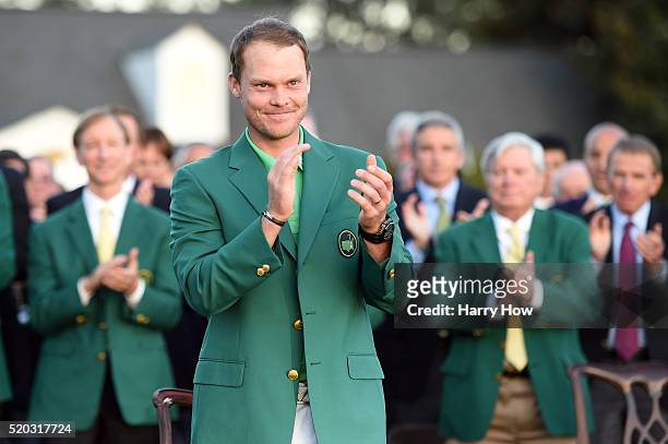 Danny Willett of England celebrates with the green jacket after winning the final round of the 2016 Masters Tournament at Augusta National Golf Club...