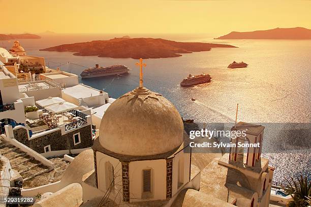 fira, santorini, greece - mediterranean-blue-roof-santorini stock pictures, royalty-free photos & images