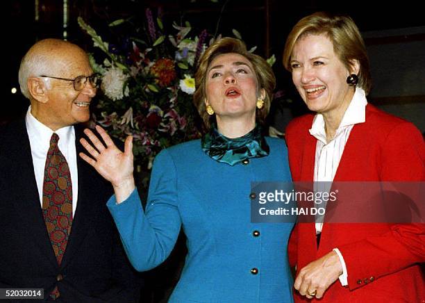 First Lady Hillary Rodham Clinton and ABC newswoman Diane Sawyer exchange stories from their college days as movie producer Norman Lear looks on 09...