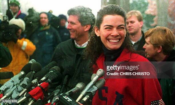 14th: US Olympic figure skater Nancy Kerrigan, joined by her family and agent, answers questions from the press outside her parents Stoneham,...