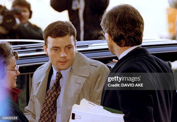 John Wayne Bobbitt arrives at the Prince William County Court House 10 January 1994 for the first day of his wife's trial on charges of malicious...