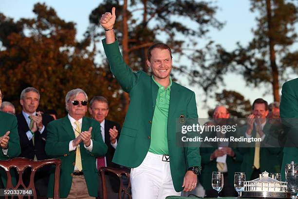 Danny Willett of England celebrates with the green jacket after winning the 2016 Masters Tournament at Augusta National Golf Club on April 10, 2016...