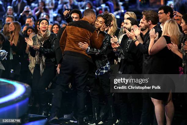 Actor Trey Smith, honoree Will Smith and actor Jaden Smith attend the 2016 MTV Movie Awards at Warner Bros. Studios on April 9, 2016 in Burbank,...