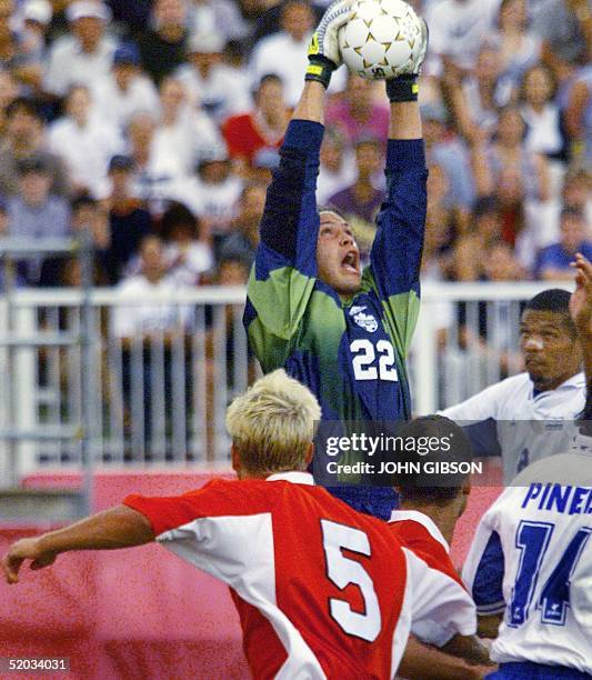 Goalkeeper Noel Valladares of Honduras stops a shot by Canada in the men's semi-final soccer matchup 03 August 1999 at the Pan American Games in...