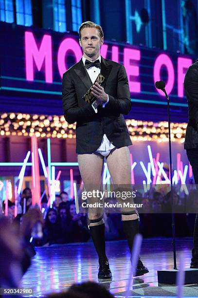 Actor Alexander Skarsgard speaks onstage during the 2016 MTV Movie Awards at Warner Bros. Studios on April 9, 2016 in Burbank, California. MTV Movie...