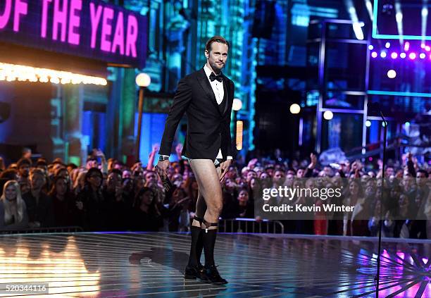 Actor Alexander Skarsgard walks onstage during the 2016 MTV Movie Awards at Warner Bros. Studios on April 9, 2016 in Burbank, California. MTV Movie...