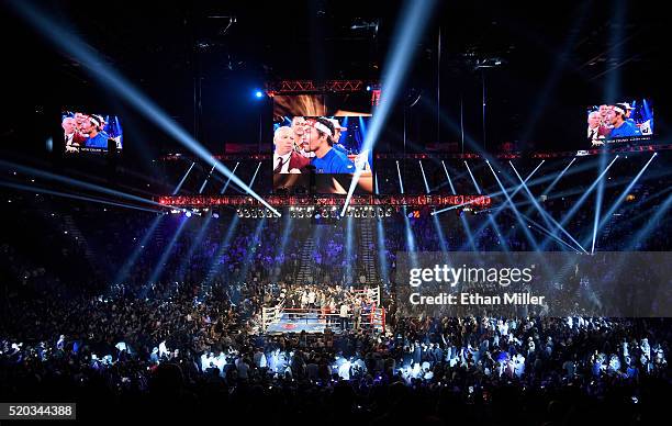 General view shows the ring as Manny Pacquiao and Timothy Bradley Jr. Are introduced before their welterweight fight at MGM Grand Garden Arena on...