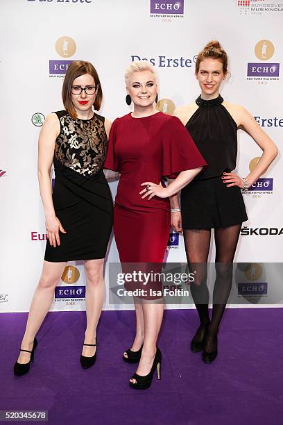 Yvnonne Gruenwald, Elzbieta Steinmetz and Natalie Ploeger of the band Elaiza attends the Echo Award 2016 on April 07, 2016 in Berlin, Germany.