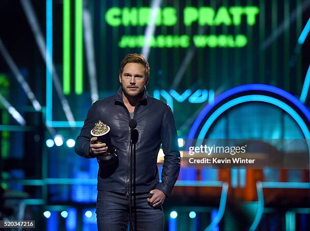 Actor Chris Pratt accepts Best Action Performance for 'Jurassic World' onstage during the 2016 MTV Movie Awards at Warner Bros. Studios on April 9,...