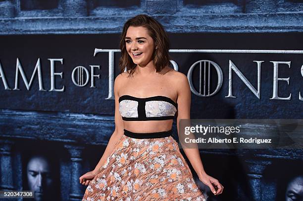 Actress Maisie Williams attends the premiere of HBO's "Game Of Thrones" Season 6 at TCL Chinese Theatre on April 10, 2016 in Hollywood, California.