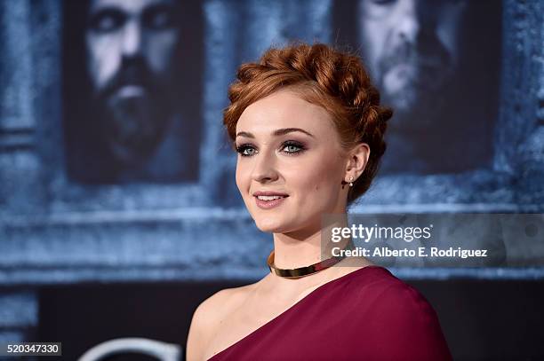 Actress Sophie Turner attends the premiere of HBO's "Game Of Thrones" Season 6 at TCL Chinese Theatre on April 10, 2016 in Hollywood, California.