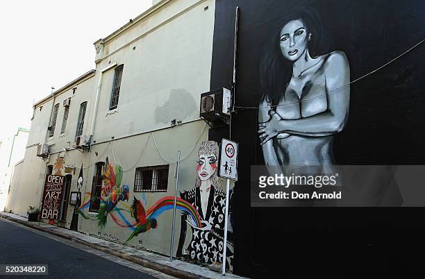 The remnants of a mural of Kanye West by artist Scott Marsh is seen in far left of frame on Teggs Lane, Chippendale on April 11, 2016 in Sydney,...