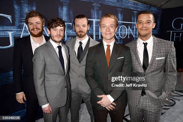 Actors Finn Jones, Iwan Rheon, Gethin Anthony, Alfie Allen, and Jacob Anderson attend the premiere for the sixth season of HBO's "Game Of Thrones" at...