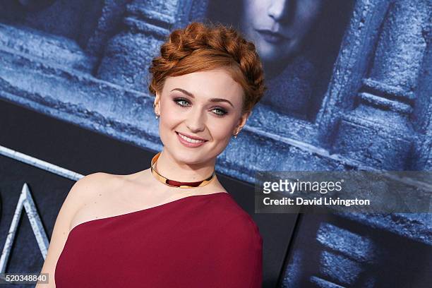 Actress Sophie Turner arrives at the premiere of HBO's "Game of Thrones" Season 6 at the TCL Chinese Theatre on April 10, 2016 in Hollywood,...