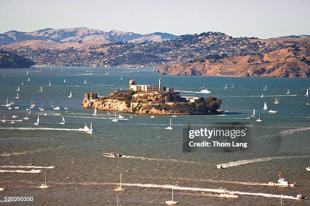 alcatraz and sailboats - alcatraz stockfoto's en -beelden