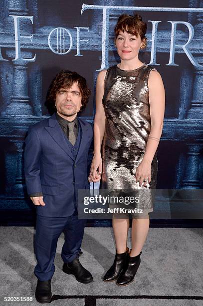 Actor Peter Dinklage and Erica Schmidt attend the premiere for the sixth season of HBO's "Game Of Thrones" at TCL Chinese Theatre on April 10, 2016...