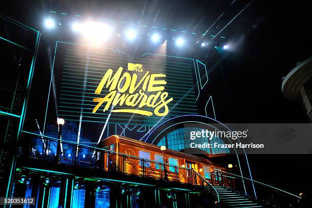 Signage displayed onstage during the 2016 MTV Movie Awards at Warner Bros. Studios on April 9, 2016 in Burbank, California. MTV Movie Awards airs...