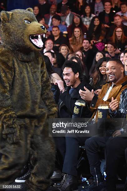 Actors Trey Smith and Will Smith sit in the audience during the 2016 MTV Movie Awards at Warner Bros. Studios on April 9, 2016 in Burbank,...