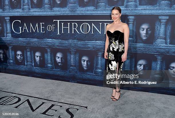 Actress Emilia Clarke attends the premiere of HBO's "Game Of Thrones" Season 6 at TCL Chinese Theatre on April 10, 2016 in Hollywood, California.