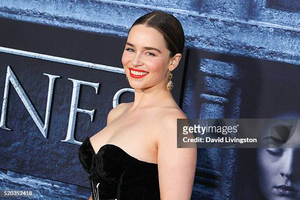 Actress Emilia Clarke arrives at the premiere of HBO's "Game of Thrones" Season 6 at the TCL Chinese Theatre on April 10, 2016 in Hollywood,...