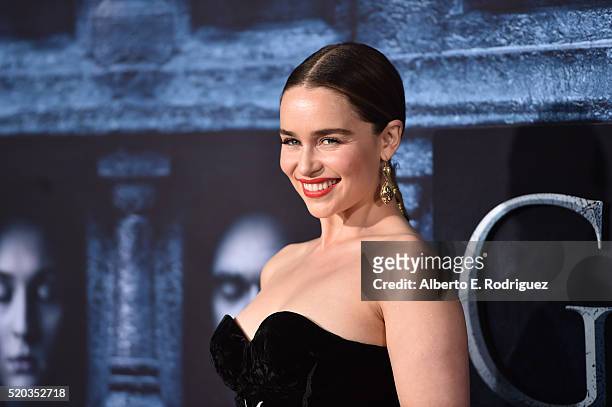 Actress Emilia Clarke attends the premiere of HBO's "Game Of Thrones" Season 6 at TCL Chinese Theatre on April 10, 2016 in Hollywood, California.