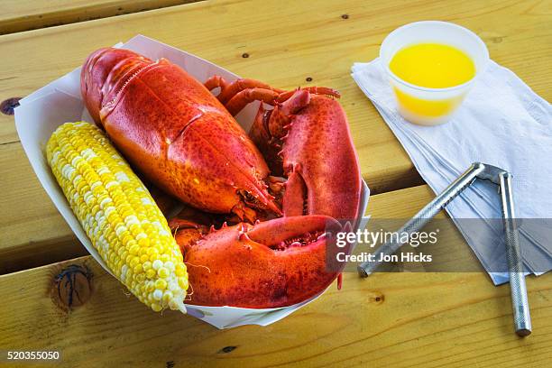 maine lobster and corn on the cob - boothbay harbor stock pictures, royalty-free photos & images