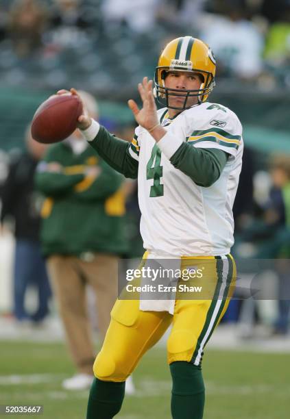 Brett Favre of the Green Bay Packers warms up prior to the game against the Philadelphia Eagles at Lincoln Financial Field on December 5, 2004 in...