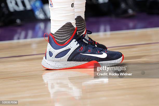 The shoes belonging to Bradley Beal of the Washington Wizards in a game against the Sacramento Kings on March 30, 2016 at Sleep Train Arena in...