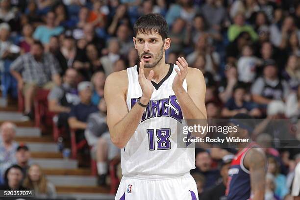 Omri Casspi of the Sacramento Kings claps during the game against the Washington Wizards on March 30, 2016 at Sleep Train Arena in Sacramento,...