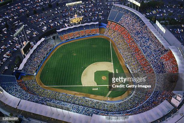 General view of Dodger Stadium, home of the Los Angeles Dodgers during a game in the 1990 MLB season at Chavez Ravine in Los Angeles, California.