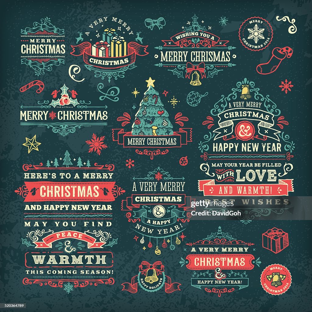 Dibujados a mano pizarra & tarjetas de Navidad etiquetas