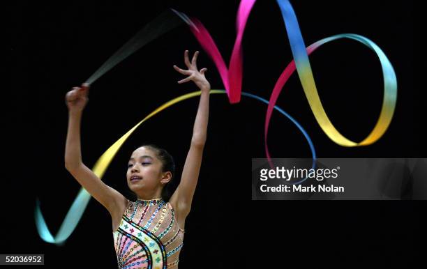 Kok Mei Li of Malaysia uses the ribbon during the Rhythmic Gymnastics at the 2005 Australian Youth Olympic Festival January 20, 2005 at the Sydney...